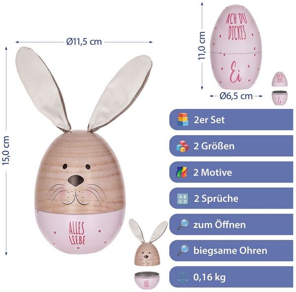 CEPEWA Geschenkbox Geschenkdose Osterhase 2tlg. Ei mit Ohren Ostereidose rosa 11,5x14,5cm
