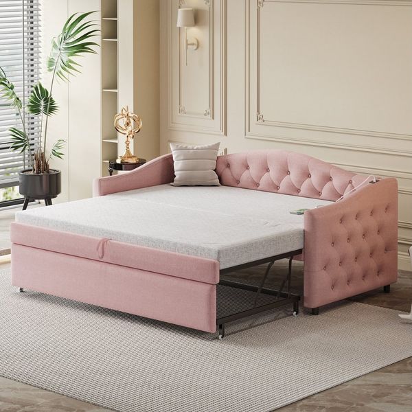 BlingBin Schlafsofa Polsterbett, Ausziehbares Schlafsofa, Einzelbett, Jugendbett, 90x200 cm, 1er Set 1 Teile, Multifunktionsbett - Gästebett, Leinenstoff, Rosa