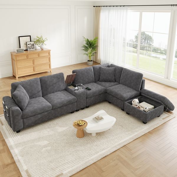 Merax Modulares U-/L‑förmiges Ecksofa, 6‑Sitzer, mit Stauraum‑Ottomane, mobiler Mittelkonsole mit 2 Getränkehaltern, USB/Type‑C‑Anschluss, versteckten Fächern und Armlehnen‑Taschen, Cordstoff, grau