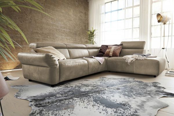 KAWOLA Sofa RISO Ecksofa mit motorischer Sitztiefenverstellung Leder grau Recamiere rechts 81 x 240 x 263 cm