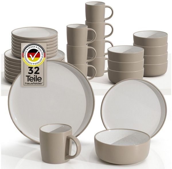 Hausfelder Geschirr-Set Steingut Geschirrset 8 Personen, Tafelservice 32teilig, Nordic Sand (32-tlg), 8 Personen, Steinzeug, spülmaschinen- & mikrowellengeeignet, Reaktivglasur