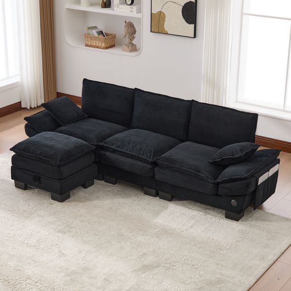 3-Sitzer Sofa aus Cord mit Hocker & USB-C-Anschluss, 260 x 132 x 84 cm, Schwarz