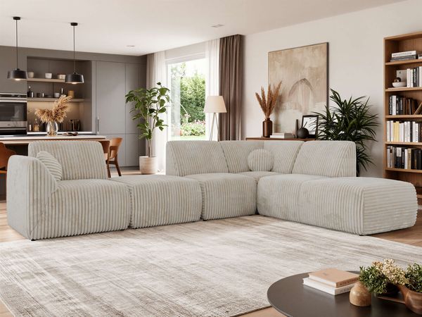 Wohnlandschaft modular NOARA 6M L, Eckcouch mit Wellenfederung, freistehendes Ecksofa, Modernes Design - Beige Cord - Rechts