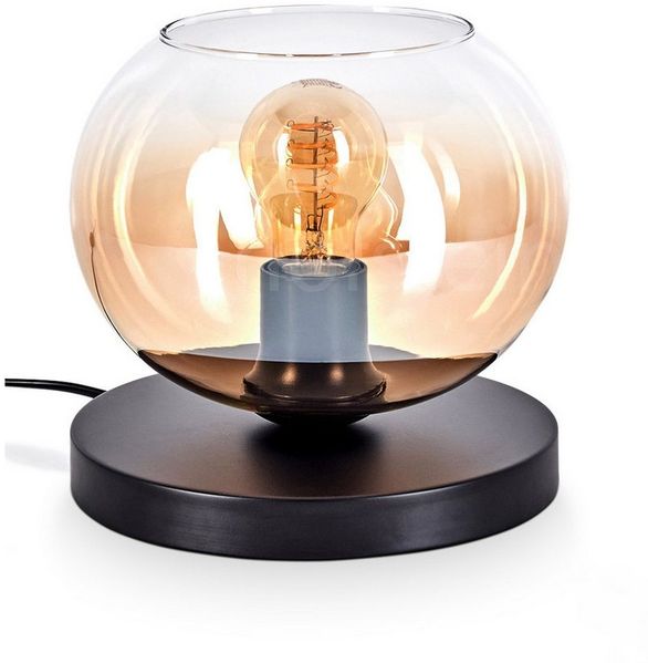 hofstein Tischleuchte Tischlampe aus Metall/Glas in Schwarz/Bernstein/Klar, ohne Leuchtmittel, Retro Gittschirm Leuchte (20cm), Schalter, 1 x E27, ohne Leuchtmittel