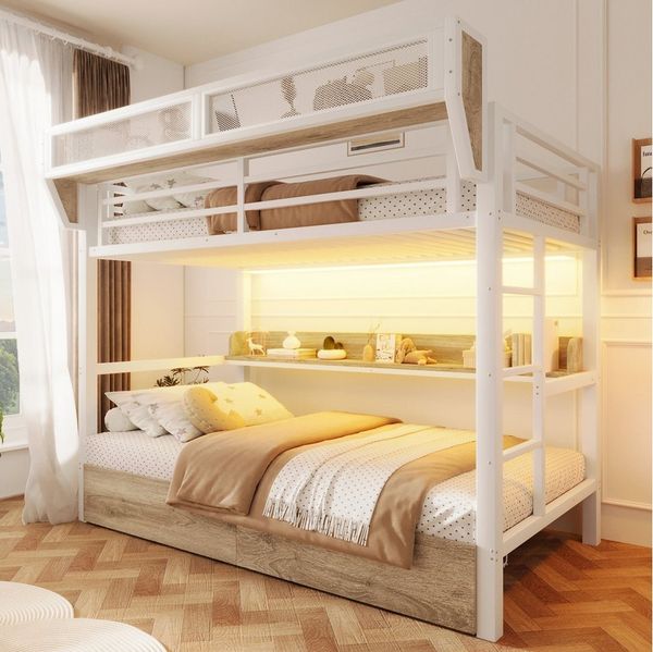 Flieks Etagenbett, Metallbett 90x200 cm mit Schubladen LED-Beleuchtung Aufbewahrungskorb
