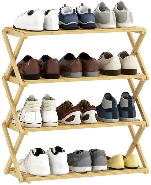 HOMCOM Schuhregal mit 4 Ebenen, aus Bambus, für bis zu 12 Paar Schuhe, Schuhablage 1-tlg, für Eingang, Flur, Natur