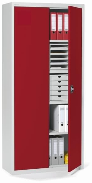 Soennecken Flügeltürenschrank 195x92x42cm lichtgrau Türen rot