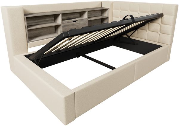 Merax Einzelbett 90x190 cm Polsterbett mit LED-Beleuchtung, hydraulischem Stauraum, L-förmigem Kopfteil mit Stauraum, beidseitig montierbar, Leinen, Beige Bild 8