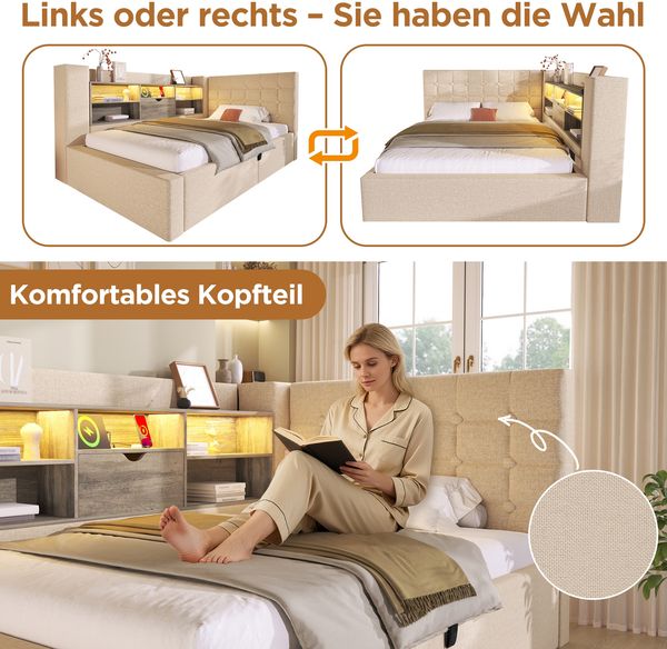 Merax Einzelbett 90x190 cm Polsterbett mit LED-Beleuchtung, hydraulischem Stauraum, L-förmigem Kopfteil mit Stauraum, beidseitig montierbar, Leinen, Beige Bild 3