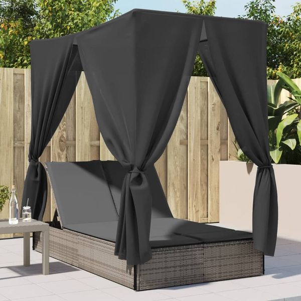 Doppel-Sonnenliege, Gartenliege mit Dach und Vorhängen Grau Poly Rattan