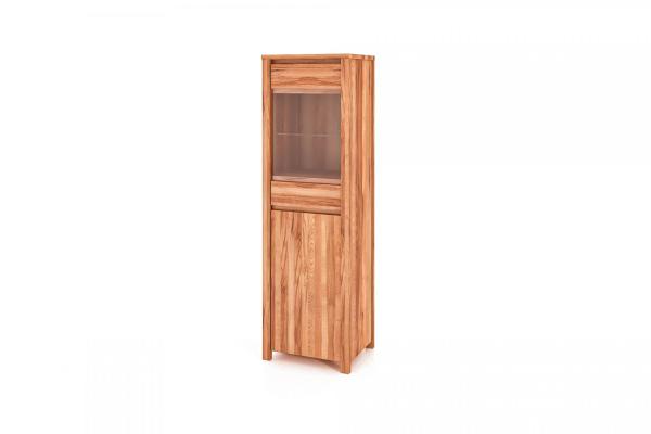Vitrine Tinci aus Kernbuche massiv 55x45x180 mit 1 Glastür 1 Tür und Holzbeinen