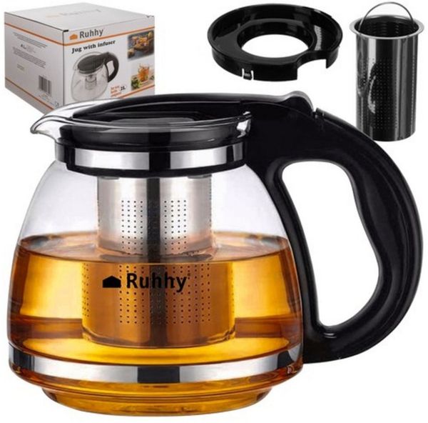 Ruhhy Wasserkrug Hitzebeständiger Glaskrug Teesieb 2 Liter, (Spar-Set, 1-tlg, Wärmegriff), Tee in das Stahlsieb, sauberes und klares Heißgetränk genießen