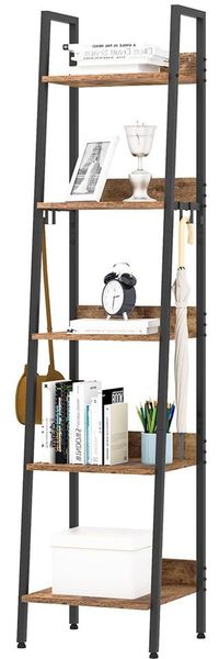 WOLTU Lagerregal mit 5 Ebenen, Küchenregal mit 4 Haken, Bücherregal im Industriestil, Standregal im Wohnzimmer Küche, Regal aus MDF Metall, schmales Leiterregal schwarz 40 x 170 x 36 cm RGB9289hov