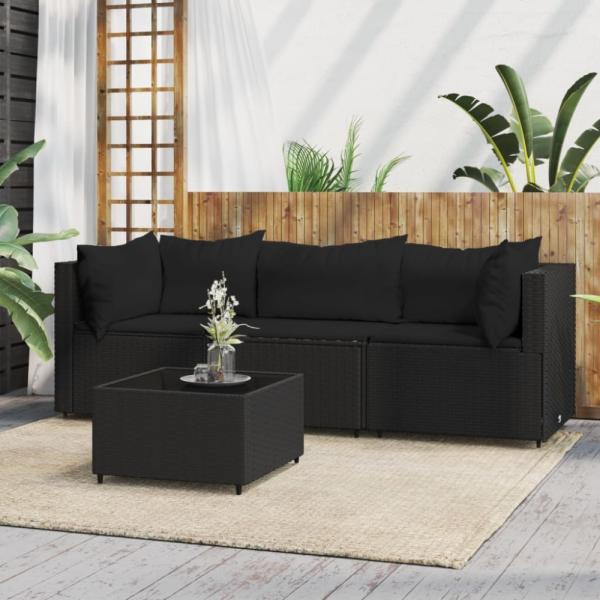 vidaXL 4-tlg. Garten-Lounge-Set mit Kissen Schwarz Poly Rattan 319783