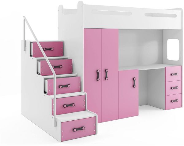 BMS Hochbett für Kinder MAX 4 Weiß Rosa 4-teiliges Set