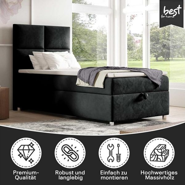 Best for Home Boxspringbett K2 SINGLE mit Bettkasten, Bonellmatratze & Komfort-Topper H3 (Einzelbett, Hotelbett, Polsterbett gepolstertes Kopfteil, Jugendbett, Kinderbett versch. Größen, 70x200 80x200 90x200 100x200 cm), verschiedene Liefermöglichkeite...