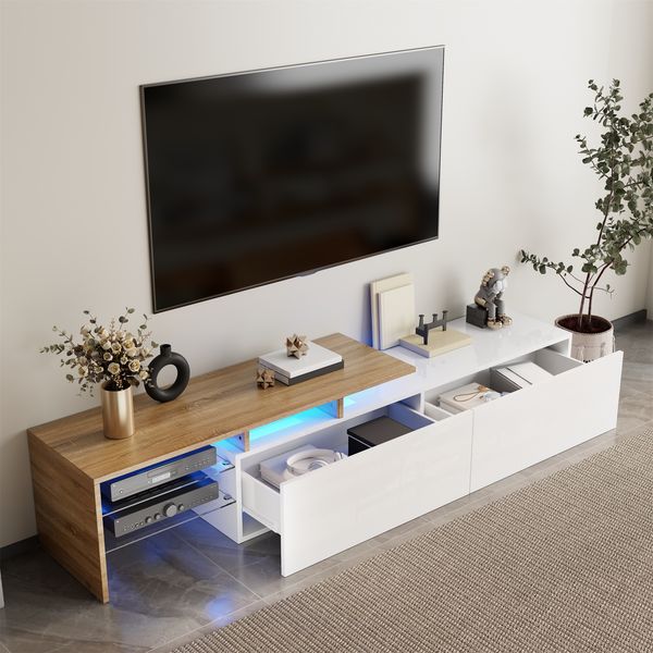 Modernes TV-Schrank,170×33×33.5 cm, Weiß und Holz,modernes Design, viel Stauraum