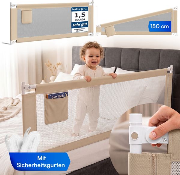 Bellabino 'Drina' Bettschutzgitter mit 2 Sicherheitsgurten, Rausfallschutz klappbar & höhenverstellbar, aus Oxford-Stoff & Metall, 150 cm, beige