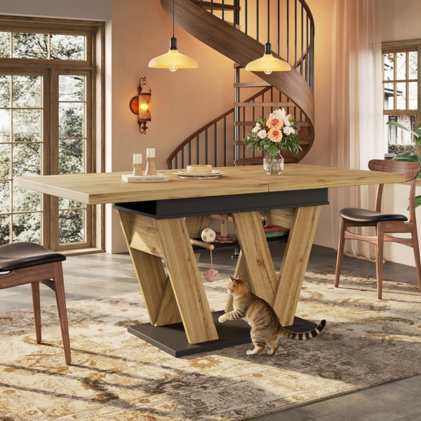 Ausziehbarer Esstisch mit Stauraum, Tisch in Holzoptik mit W-Beinen, platzsparender Küchentisch, flexibel erweiterbar