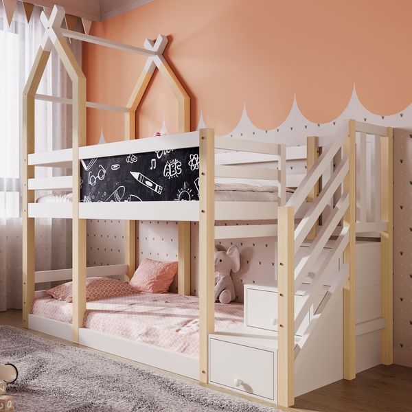 Etagenbett 90×200 cm aus Massivholz und MDF mit Tafel und Treppenschrank, weiß