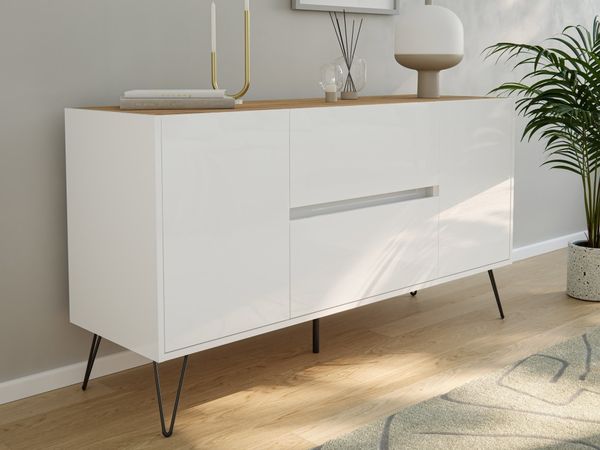 Sideboard Yako 140cm 2 SoftClose 2 Türen Weiß/Eiche Top : Weiss hochglanz / Oak Gold