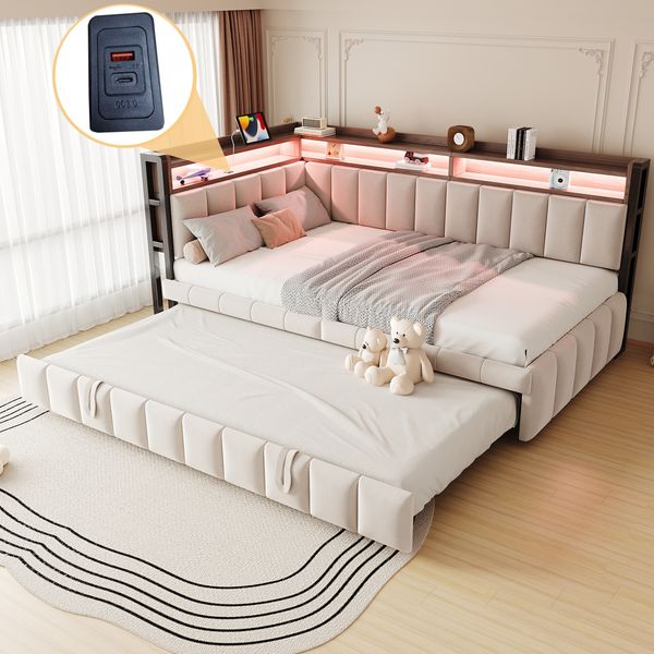 Polsterbett Schlafsofa, Ausziehbett, LED-Beleuchtung, Ablagefächer Kopf- und Fußende, USB-/Typ-C-Anschlüsse, Einzelschlafsofa, Samtstoff, Beige, 90×200 cm