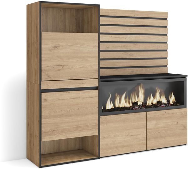 Skraut Home | Sideboard, Kommode | Aufbewahrungsschrank | 167 x 145 x 35 cm | Für Schlafzimmer, Zimmer | Elektrokamin XXL | Schuhschrank | Moderner Stil | Eiche