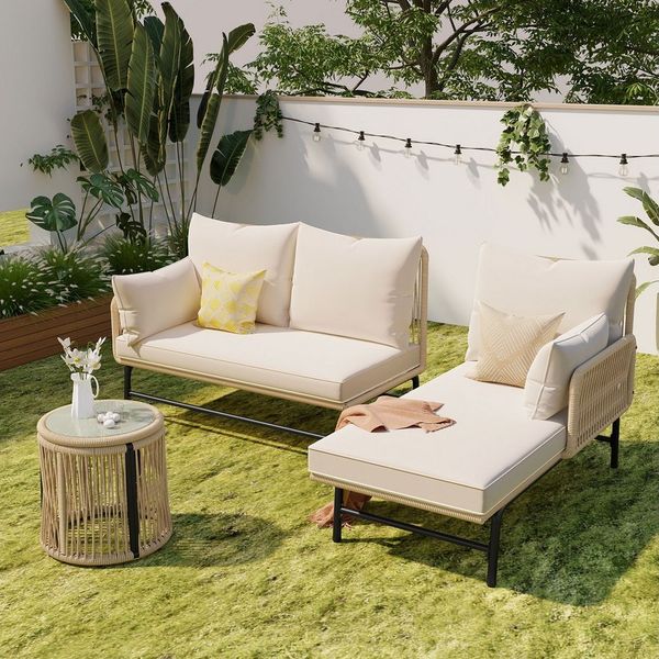 Merax Gartenlounge-Set für 4 Personen, mit Stahlrahmen und Tisch, (3-tlg), Gartenmöbel set Polytattan und Seil Geflecht, Rope Lounge Möbel
