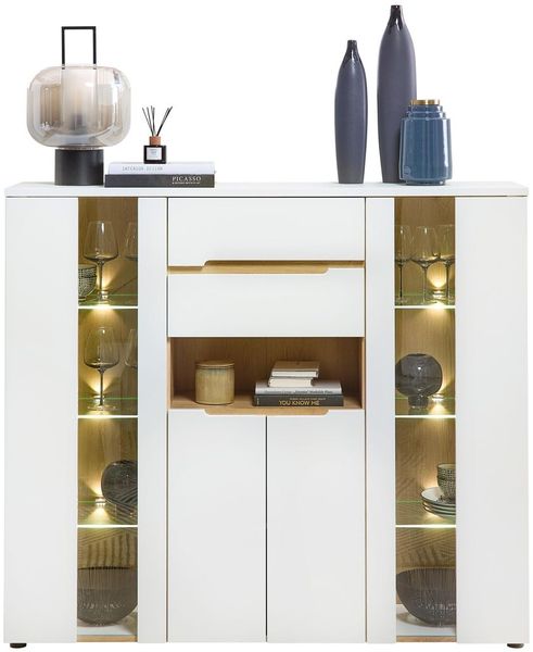 Highboard MEMPHIS Weiß mit Artisan Eiche Nachbildung und LED