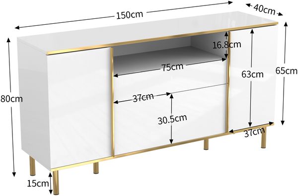 Sideboard 150 x 40 x 80 cm in Weiß Hochglanz mit LED, 4 Türen & 1 Schublade, MDF/Spanplatte Bild 4