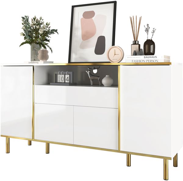 Sideboard 150 x 40 x 80 cm in Weiß Hochglanz mit LED, 4 Türen & 1 Schublade, MDF/Spanplatte Bild 6