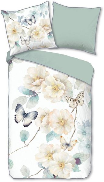 Descanso Wendebettwäsche Adiwanya, Mako-Satin, Renforcé, Satin, 2 teilig, Satin, Reißverschluss, Paspel, Biese, Wendeoptik, Luxe, Blumen, weiß