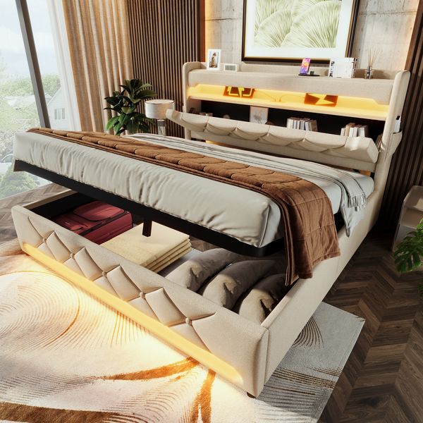 Polsterbett Doppelbett 140*200, Stauraum Kopfteil mit USB und Typ C-Port ,360-Surround-LED-Funktion rund um Kopf- und Fußende des, Betten mit Hydraulisch Stauraum, Beige , Leinen(Ohne Matratze)