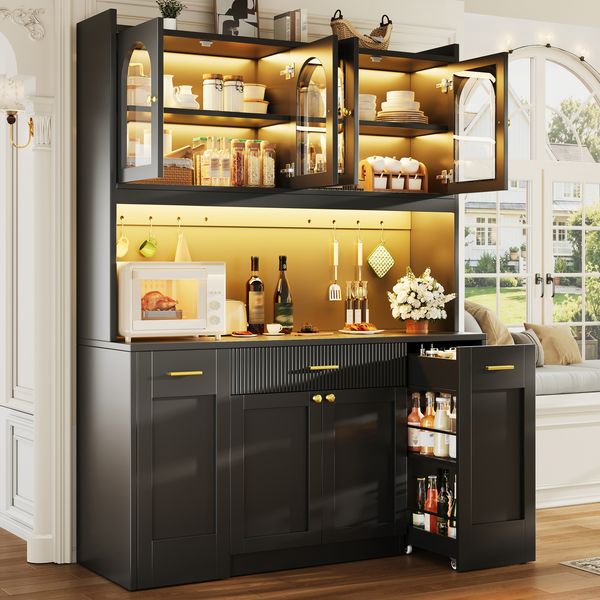 Merax Hochküchenschrank 120cm mit RGB-LED, App-Steuerung, 3 Glasvitrinen, Schubkästen & beidseitigen Roll-Ablagen, Schwarz