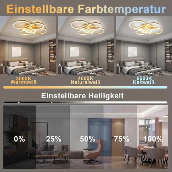 Nettlife LED Deckenleuchte Dimmbar Wohnzimmer Gold 2 Ring 46W 59CM Modern, Dimmbar mit Fernbedienung, LED fest integriert, Geeignet für Wohnzimmer, Schlafzimmer, Küche, Esszimmer, Büro