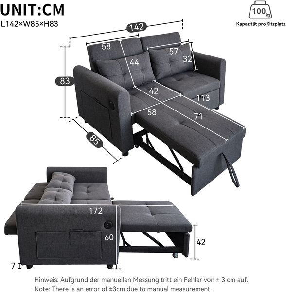 Schlafsofa 142x85x83 cm, Sitzfläche 58x42 cm, Grau, 3-in-1, verstellbare Rückenlehne, USB, Seitentaschen Bild 5