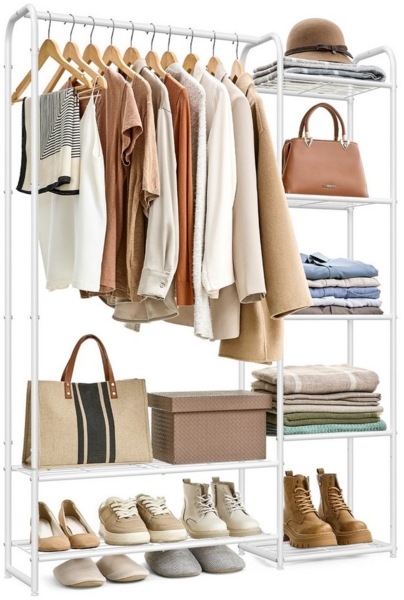 SONGMICS Kleiderständer, offener Kleiderschrank, Kleiderstange, Garderobenständer mit Ablagen, Garderobe aus Metall, freistehend, 29 x 112 x 158,4 cm