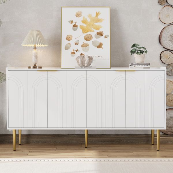 Sideboard 140x38x75 cm in Weiß mit 4 Türen, verstellbaren Einlegeböden und goldfarbenen Eisenbeinen