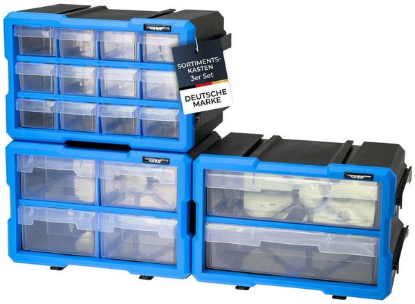 HMF Sortimentskasten Sortierbox für Kleinteile mit Schubladen, Sortimentskasten für (Set, 3 Boxen), Schrauben und Werkzeug, 36 Fächer, 29,5 x 19,5 x 16 cm, Blau-Schwarz
