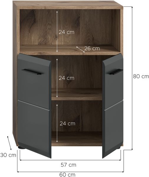 Standschrank breit (B/H/T: 60x80x30 cm) in schwarz matt und Nox Oak Nachbildung Bild 4