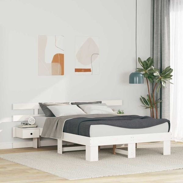vidaXL Bettrahmen mit Kopfteil Weiß 135 x 190 cm Massives Kiefernholz 3385698