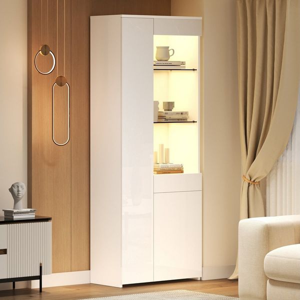 STILVORA Vitrine mit Glastrennwänden,Hochschrank Standvitrine mit LED-Licht&Schubladen (Hochschrank, Highboard, 1-St, 70*35*180cm) Hochglanz Glasvitrine mit Schubladen, LED-Beleuchtung