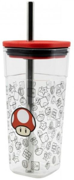 Super Mario Becher Super Mario Pilz Trinkbecher mit Edelstahl Trinkhalm 540 ml, Kunststoff