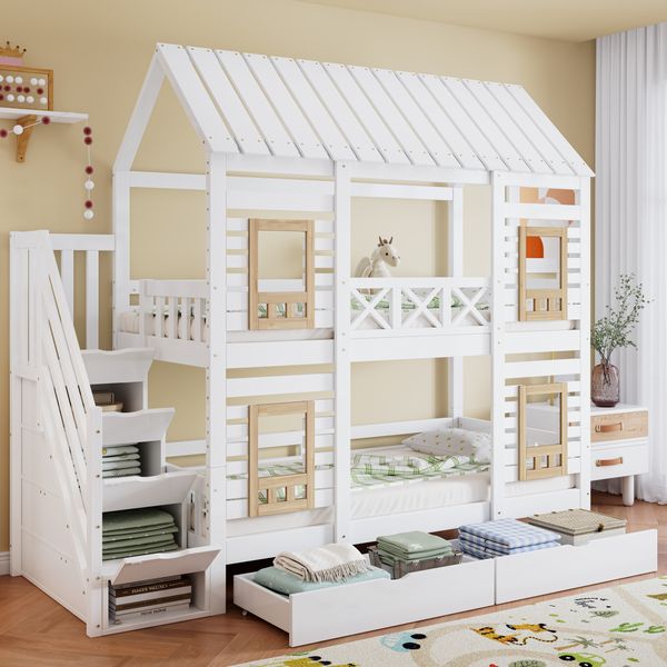 Etagenbett, Kinderbett, Mit farblich abgesetztem Fallschutzgitter, mit Fenster, Zwei Schubladen mit Rollen, Treppe mit 4 Ablagefächern, Kiefer+MDF, Weiß+Natur, 90x200cm