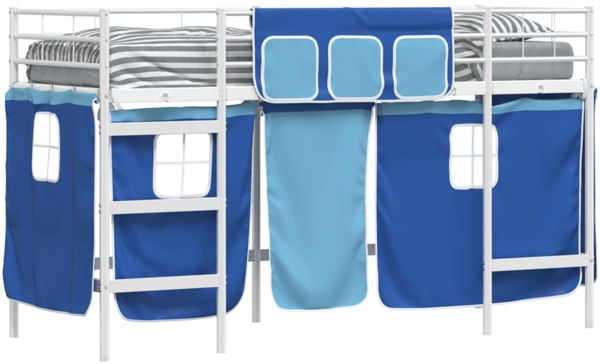 vidaXL Kinder Loft Bettgestell mit Vorhängen Weiß und Blau 42020819