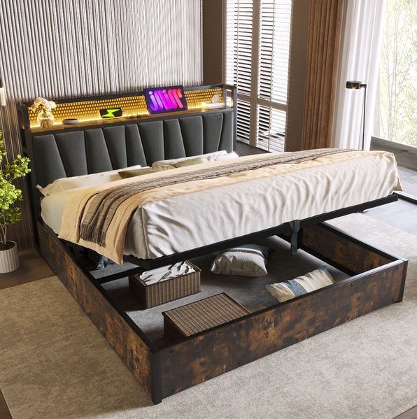 Polsterbett 180x200 cm mit LED-Kopfteil, USB-Anschlüssen und Stauraum – graues Bettgestell aus Leinenmaterial