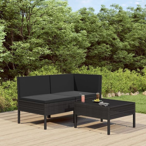 vidaXL 3-tlg. Garten-Lounge-Set mit Auflagen Poly Rattan Schwarz 310187