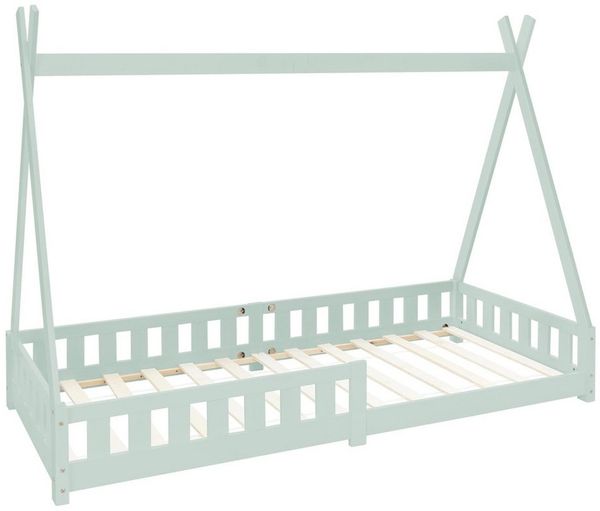 ML-DESIGN Spielbett Hausbett Tipi Zeltbett inkl. Lattenrost Bodenbett Kinder Himmelbett, Abenteuerbett mit Rausfallschutz Zelt Bett Kiefer Mint Kinderhaus