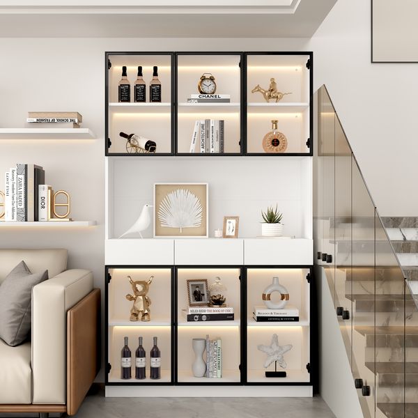 Merax 200cm Weißer Vitrinenschrank mit LED Lichtern, Multi Storage Bücherregal für Sammlung Schlafzimmer Wohnzimmer Büro, Weiß - Schwarzer Türrahmen