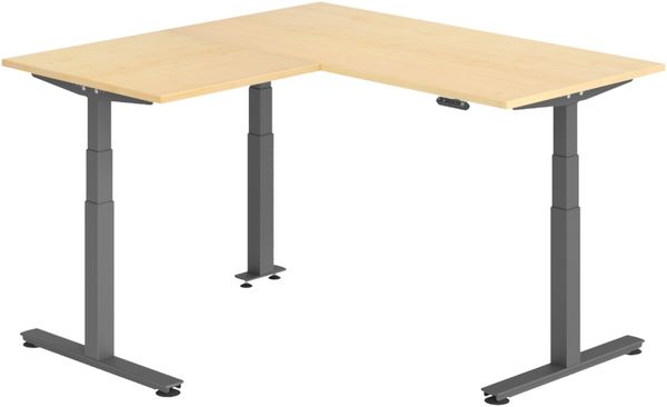 bümö Eckschreibtisch elektrisch höhenverstellbar L-Form: 160 x 160 cm in Ahorn, Gestell graphit - Stehschreibtisch mit Memory-Steuerung, elektrischer XXL Schreibtisch für die Ecke, XDSMW-1608-3-G
